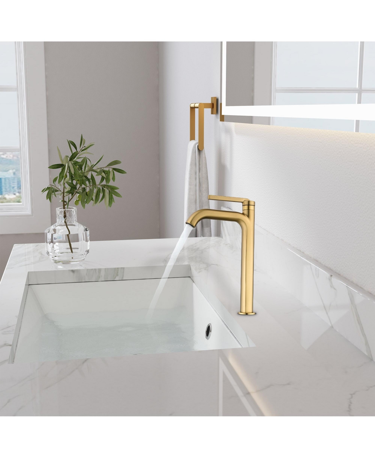 Mondawe Single Handle Single Hole Bathroom Faucet Modern Brass Bathroom Basin Faucets Brushed- Gold