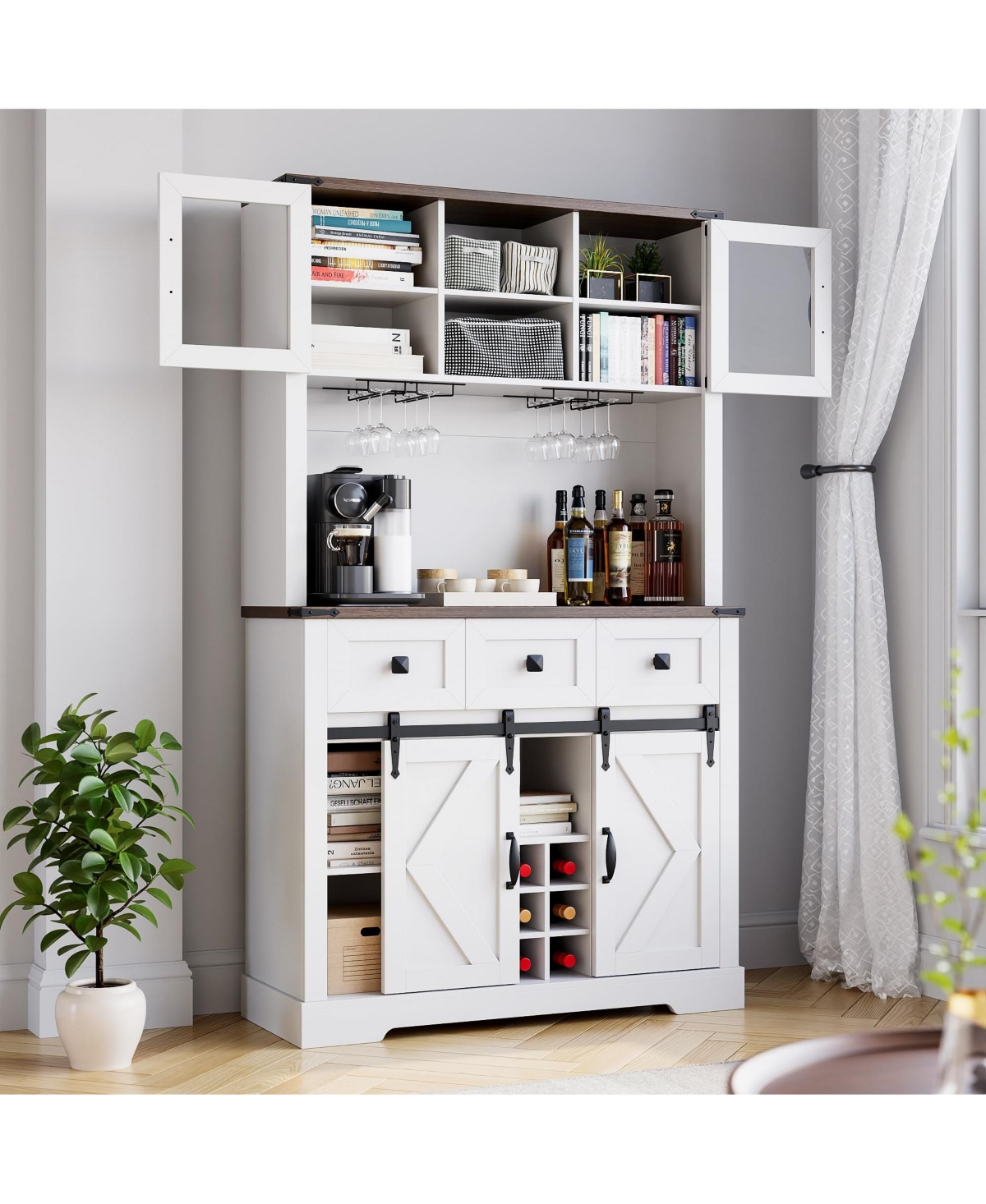 gaomon 72" Farmhouse Bar Cabinet with Sliding Barn Door, Tall Kitchen Buffet with Storage Hutch and 3 Drawer