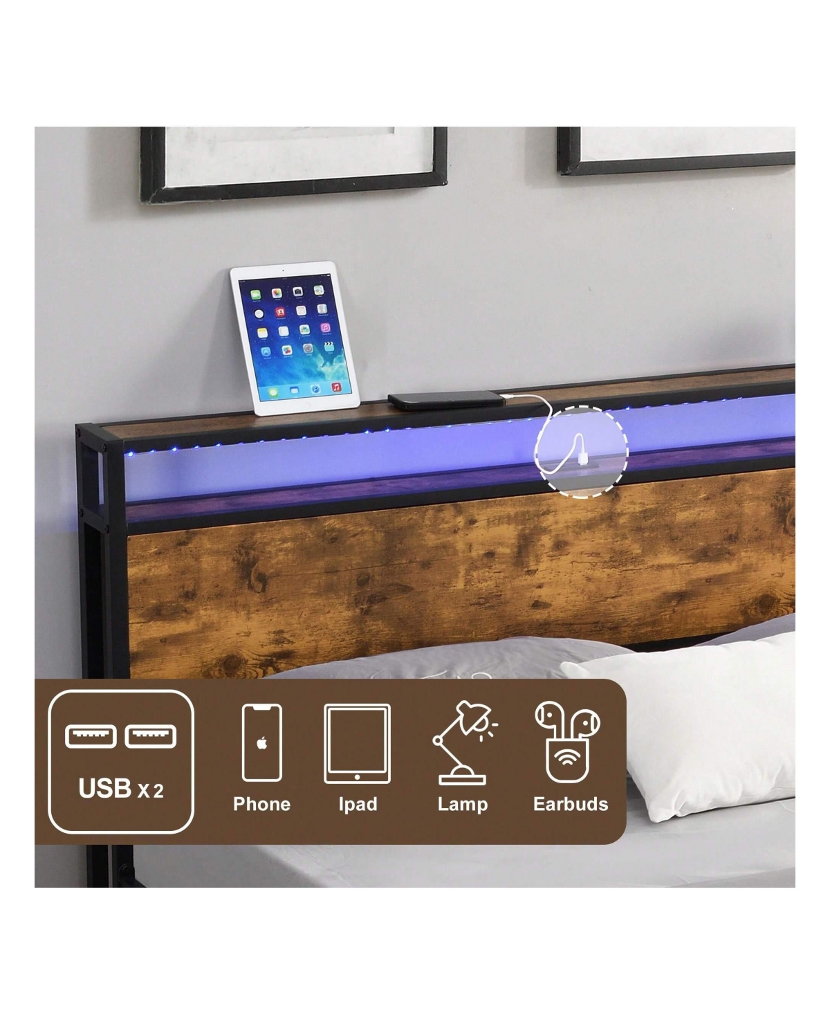 gaomon Full Size/Queen Size Bed Frame With Led Lights Headboard Metal Platform Bed With Usb Ports For Home No Box Spring Needed Easy Assembly
