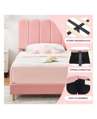 Twin Bed Frame For Girls, Twin Size Velvet Upholstered Bed Frame With Headboard, No Box Spring Needed, Wooden Slats Support, Easy Assembly