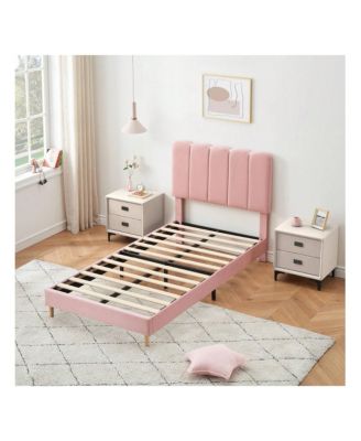 Twin Bed Frame For Girls, Twin Size Velvet Upholstered Bed Frame With Headboard, No Box Spring Needed, Wooden Slats Support, Easy Assembly
