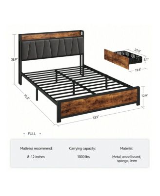 Bed Frame With 4 Storage Drawers And Linen Upholstered Headboard,Platform Bed Frame With Charging Station, No Box Spring Needed, Easy Assembly, Vintage Brown