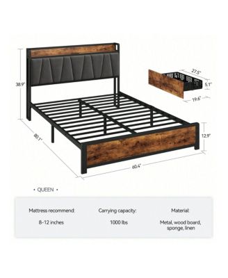 Bed Frame With 4 Storage Drawers And Linen Upholstered Headboard,Platform Bed Frame With Charging Station, No Box Spring Needed, Easy Assembly, Vintage Brown