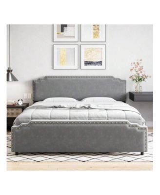 Full/Queen/King Size Bed Frame, Velvet Upholstered Platform Bed Frame With Rivet Decor Headboard And Strong Wood Slat Support, No Box Spring Needed, Easy Assembly, Grey