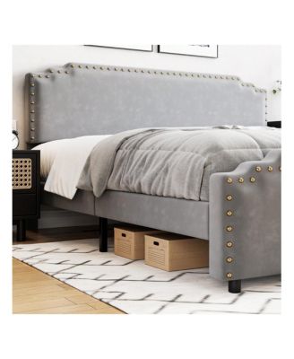 Full/Queen/King Size Bed Frame, Velvet Upholstered Platform Bed Frame With Rivet Decor Headboard And Strong Wood Slat Support, No Box Spring Needed, Easy Assembly, Grey