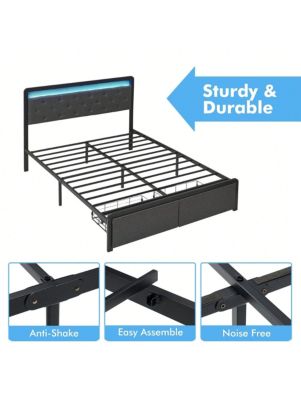 Bed Frame With 2 Storage Drawers, Bed Frame With LED Lights Headboard, Upholstered Platform Bed No Box Spring Needed, Easy Assembly
