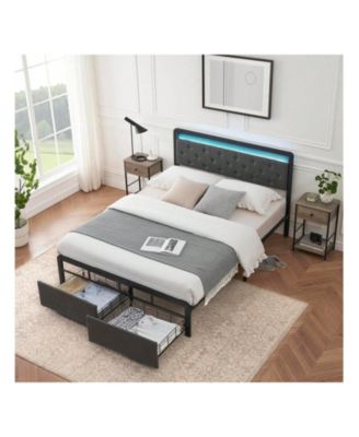 Bed Frame With 2 Storage Drawers, Bed Frame With LED Lights Headboard, Upholstered Platform Bed No Box Spring Needed, Easy Assembly