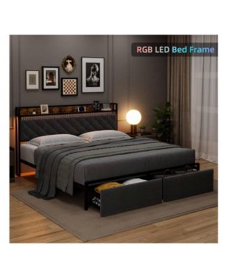 LED Bed Frame with Headboard, Upholstered Platform Bed with Charging Station, Storage Drawers, Heavy-Duty Metal Slats, No Box Spring Needed