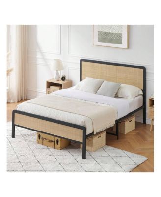 Bed Frame, Metal Bed Frame With Rattan Headboard And Footboard, Platform Bed Frame With Safe Rounded Corners, Under Bed Storage, Strong Metal Slat Support, No Box Spring Needed