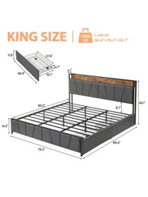Bed Frame With Storage Headboard And 2 Drawers, Linen Upholstered Platform Bed Frame With Charging Station, Heavy Duty, No Box Spring Needed, Easy Assembly, Noise Free