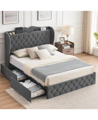 Bed Frame With Charging Station And 4 Storage Drawers, Velvet Upholstered Tall Tufted Wingback Headboard And Storage Shelf, No Box Spring Needed, Easy Assembly
