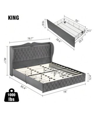 Bed Frame With Charging Station And 4 Storage Drawers, Velvet Upholstered Tall Tufted Wingback Headboard And Storage Shelf, No Box Spring Needed, Easy Assembly