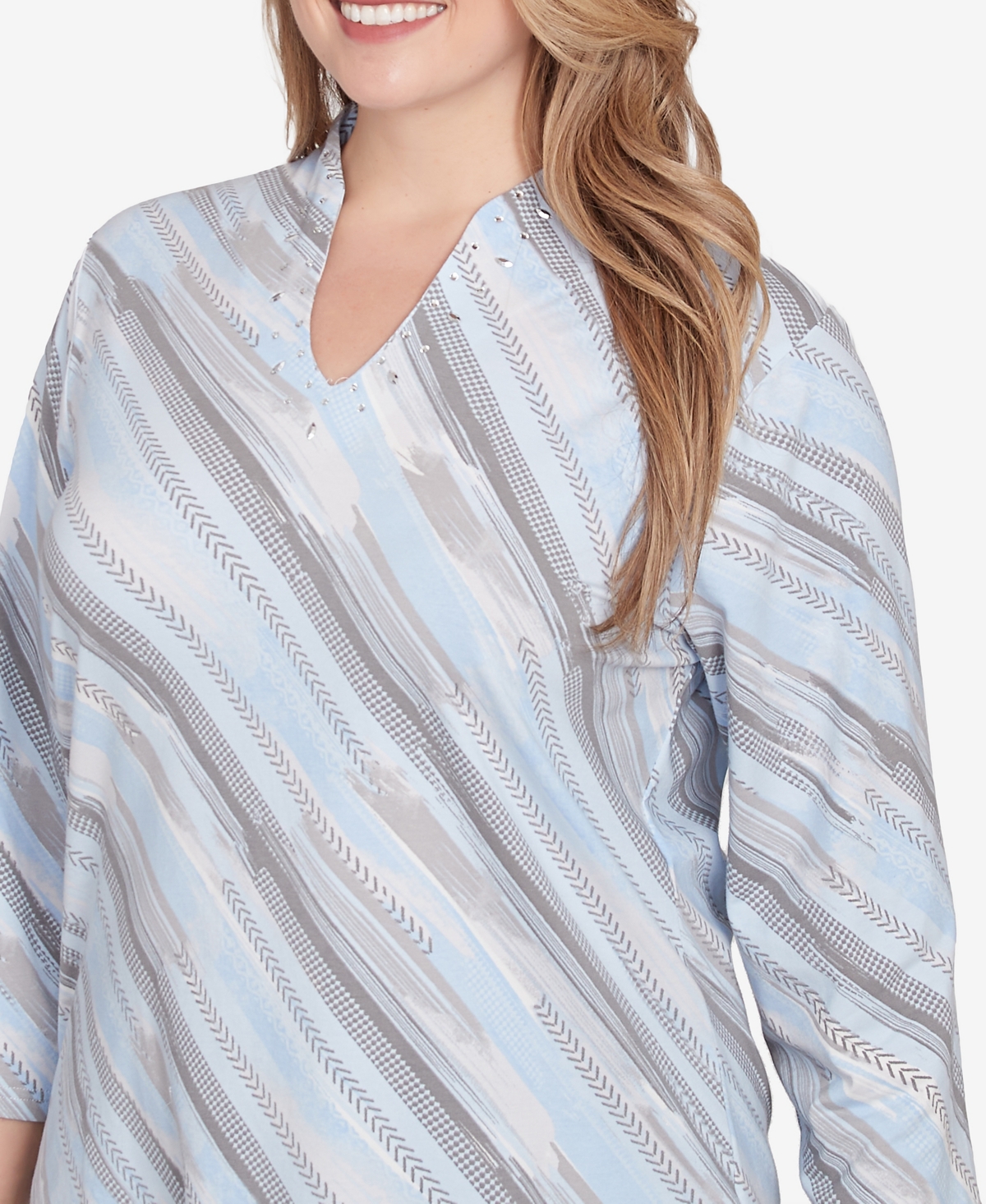 Hearts Of Palm Plus Size Blue My Mind Funnel Neck Embellished Top In Light Blue Multi