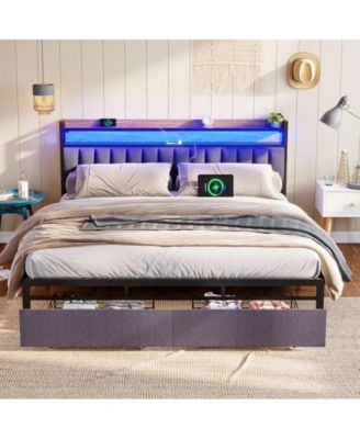 Full Size Bed Frame With Storage Headboard, 2 Drawers, Charging Station LED Upholstered Bed Frame, No Box Spring Needed Platform Bed Frame For Bedroom, Guest Room
