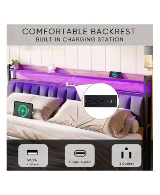 Full Size Bed Frame With Storage Headboard, 2 Drawers, Charging Station LED Upholstered Bed Frame, No Box Spring Needed Platform Bed Frame For Bedroom, Guest Room