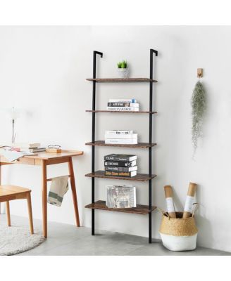 Industrial Wall-Mounted Bookcase 5-Tier Open Ladder Shelf with Metal Frame for Stylish Storage