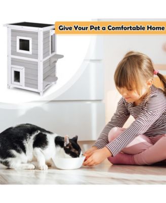 2-Story Wooden Cat House with Escape Door Rainproof