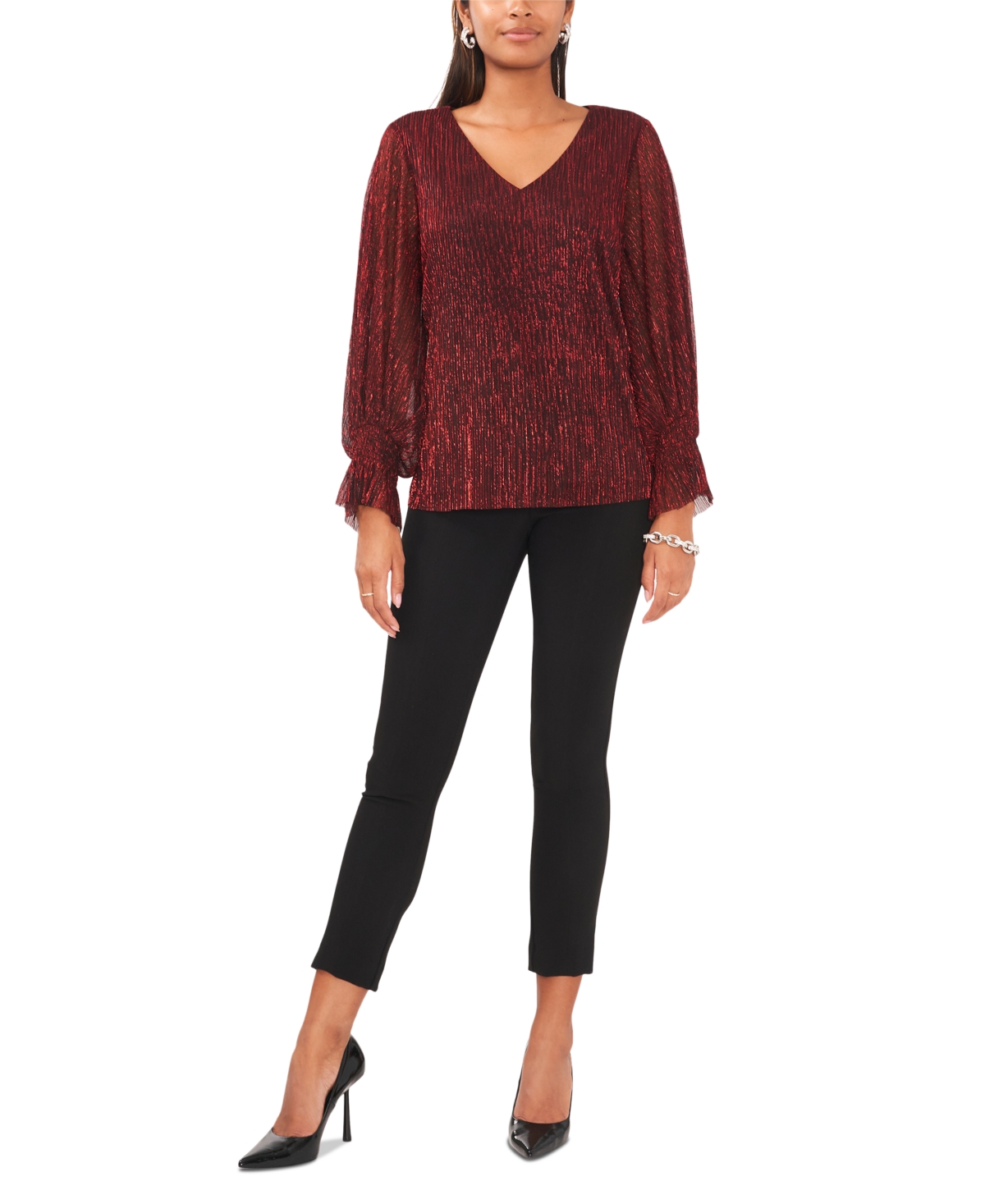 Shop Vince Camuto Women's Metallic V-neck Sheer-sleeve Top In Red