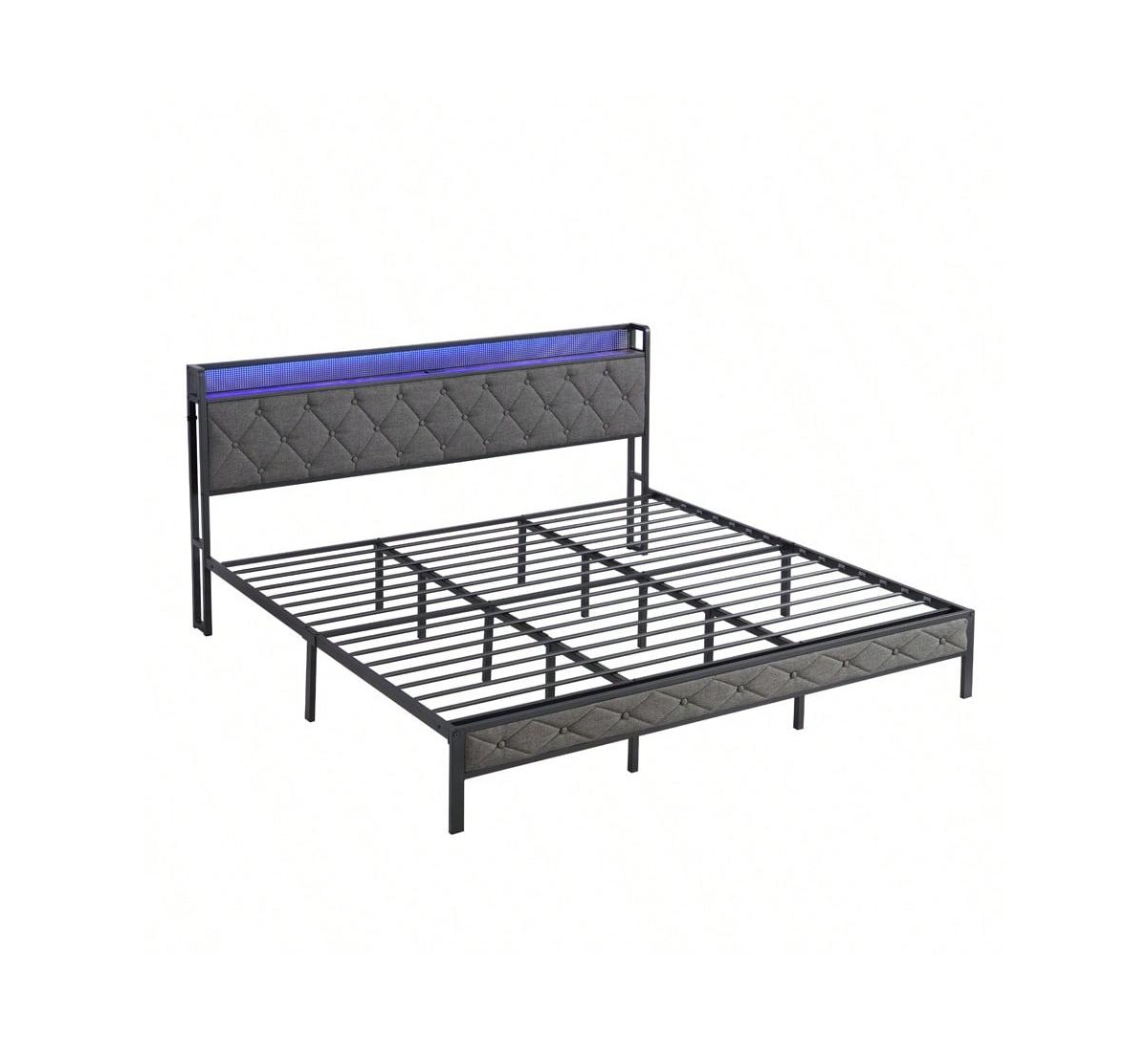 gaomon Full Size Bed With Storage Headboard, Charging Station And Led Lights, Upholstered Platform Bed Frame With Metal Slats, Noise Free, No Box Spri