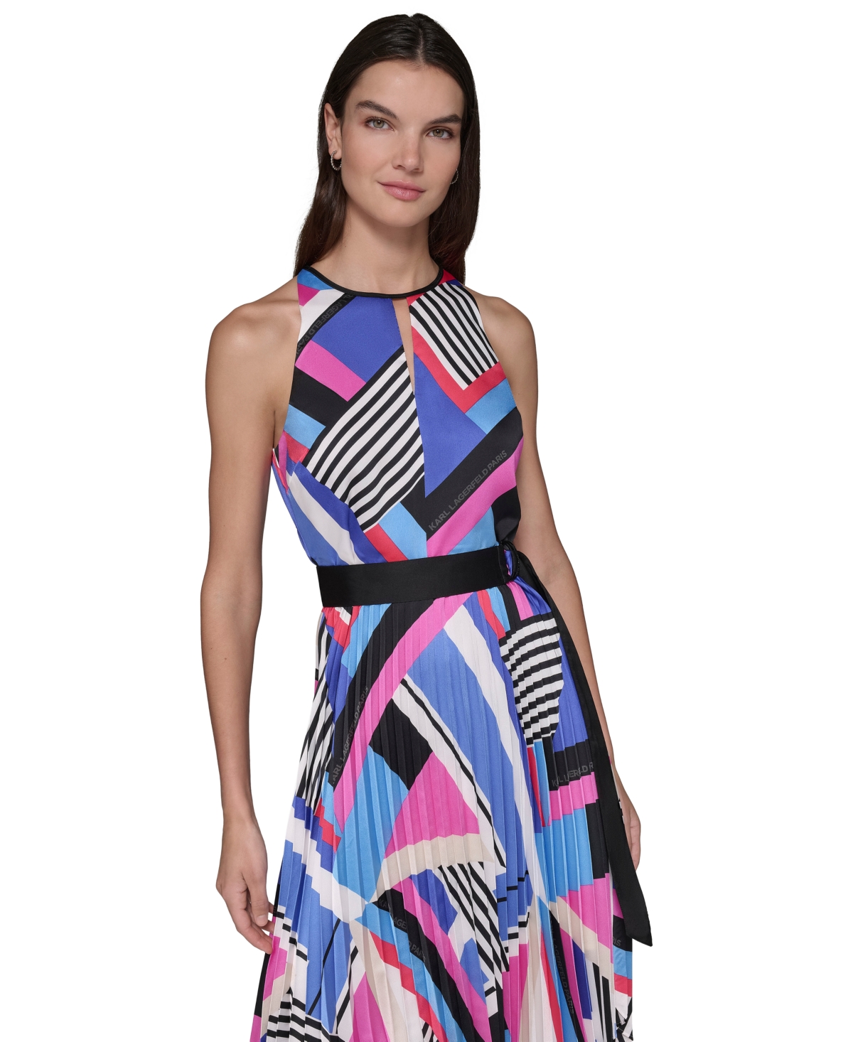 Karl Lagerfeld Paris Women's Printed High-Neck A-Line Dress - Soft White  Azure Blue