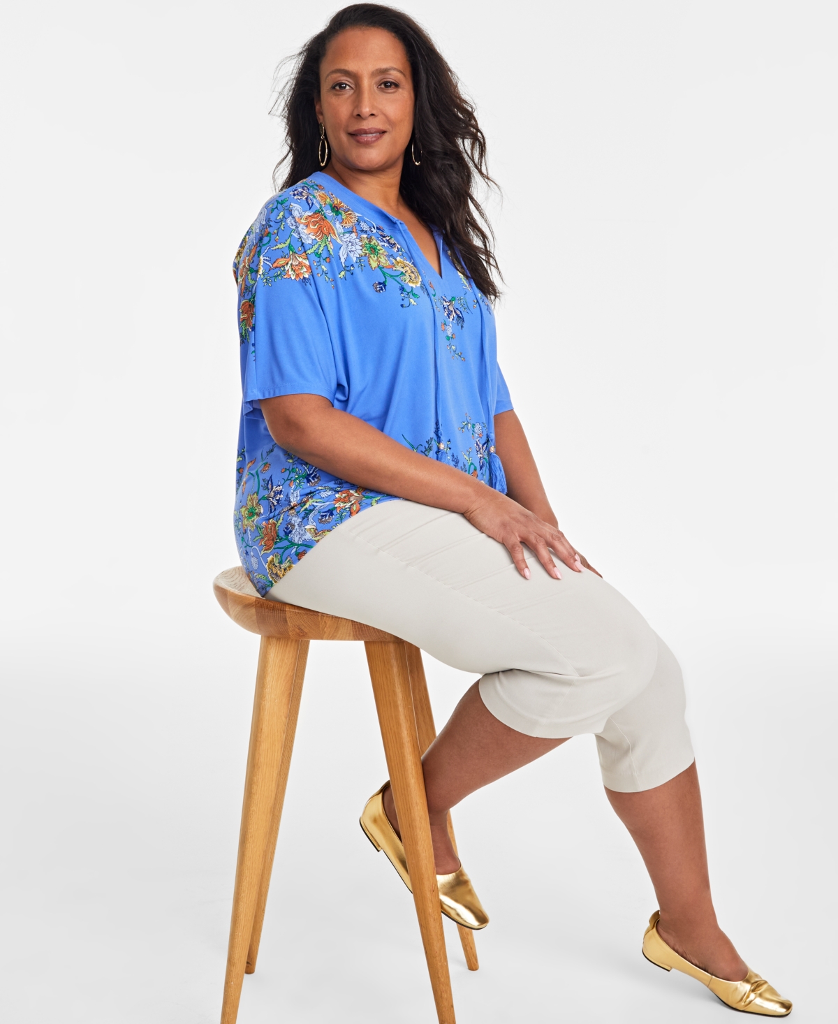 Jm Collection Plus Size Printed Split-Neck Top, Exclusively at Macy's
