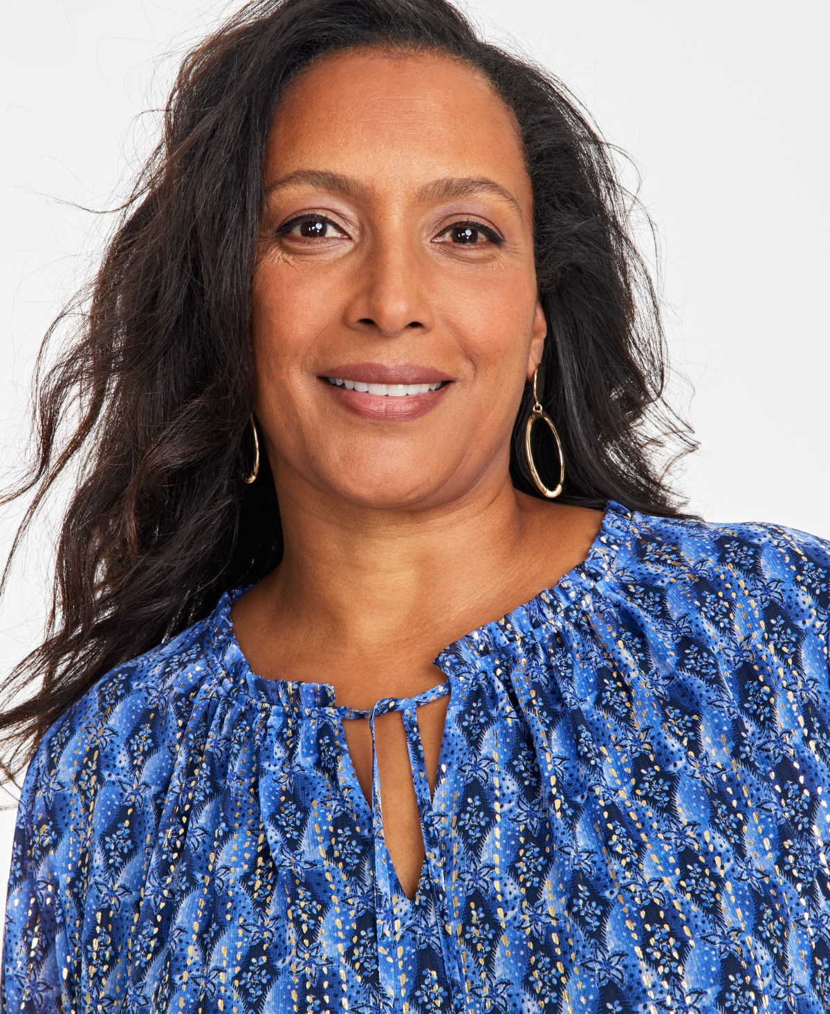 Jm Collection Plus Size Printed Split-neck Blouse, Exclusively At Macy's In Intrepid Blue