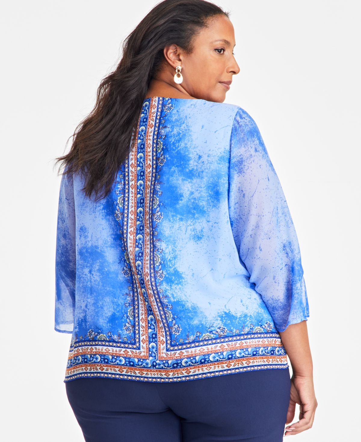 Jm Collection Plus Size Printed Split-Sleeve Necklace Top, Exclusively at Macy's