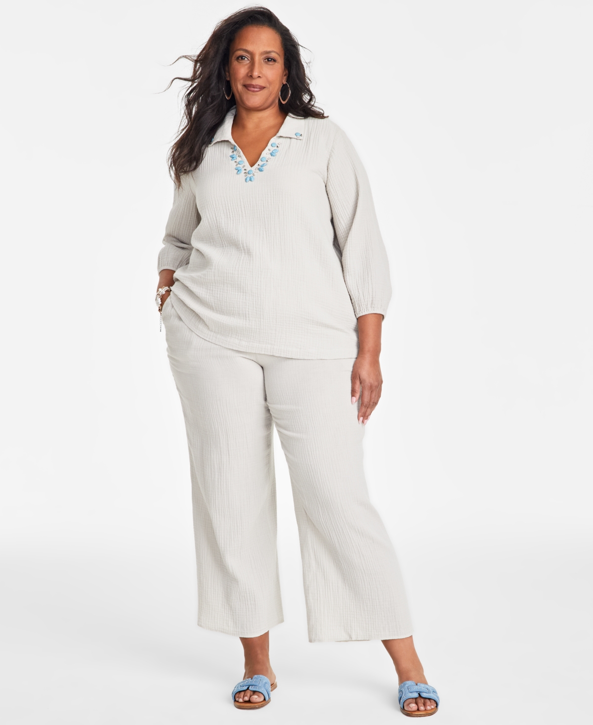 JM COLLECTION PLUS SIZE EMBELLISHED COLLAR COTTON GAUZE TOP, EXCLUSIVELY AT MACY'S 