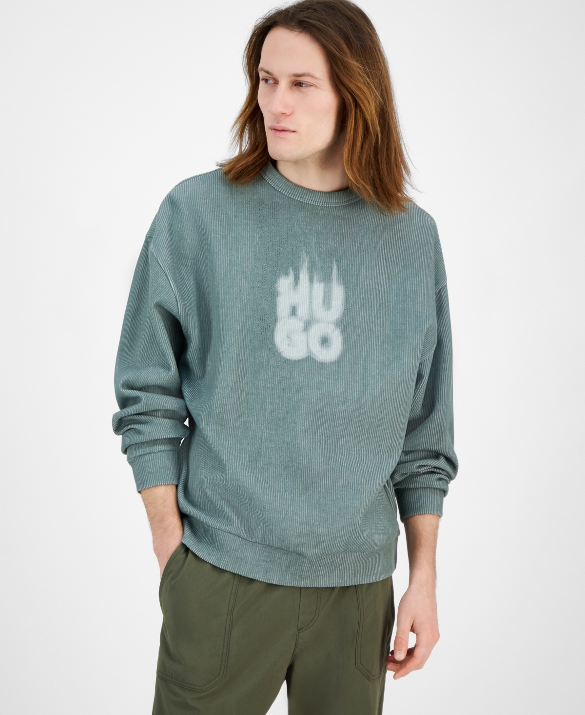 HUGO BOSS MEN'S DINKAM OVERSIZED FIT LONG SLEEVE RIBBED LOGO SWEATSHIRT 