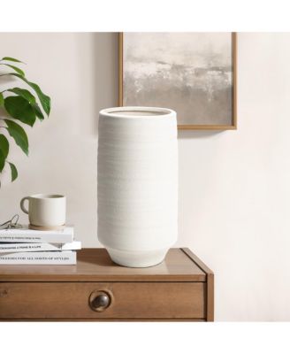 White Terracotta 16.1-Inch Tall Indoor and Outdoor Cylinder Vase