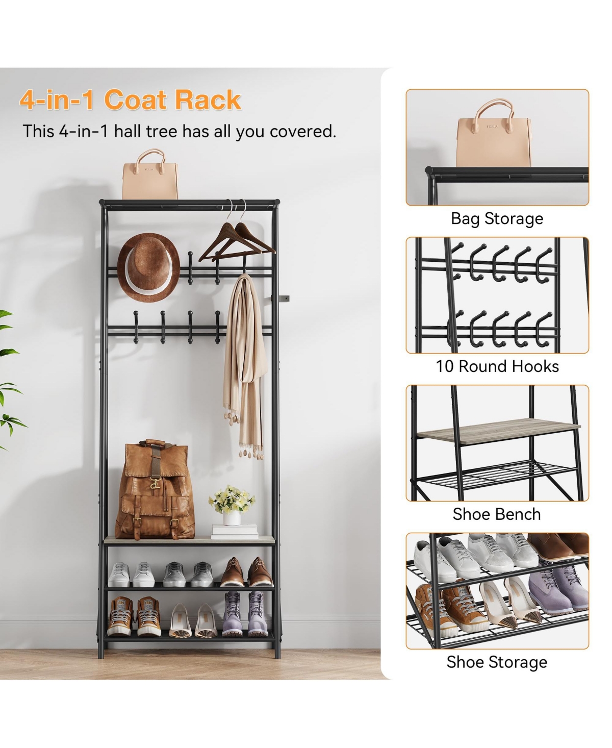 gaomon Coat Rack Shoe Bench with 10 Hooks, Hall Trees Entryway Bench with Storage, Multifunctional Hallway Organizer