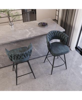 Bar Chair Suede Woven Bar Stool Set of 4,Black legs Barstools No Adjustable Kitchen Island Chairs,360 Swivel Bar Stools Upholstered Bar Chair Counter Stool Arm Chairs with Back Footrest, (Blue