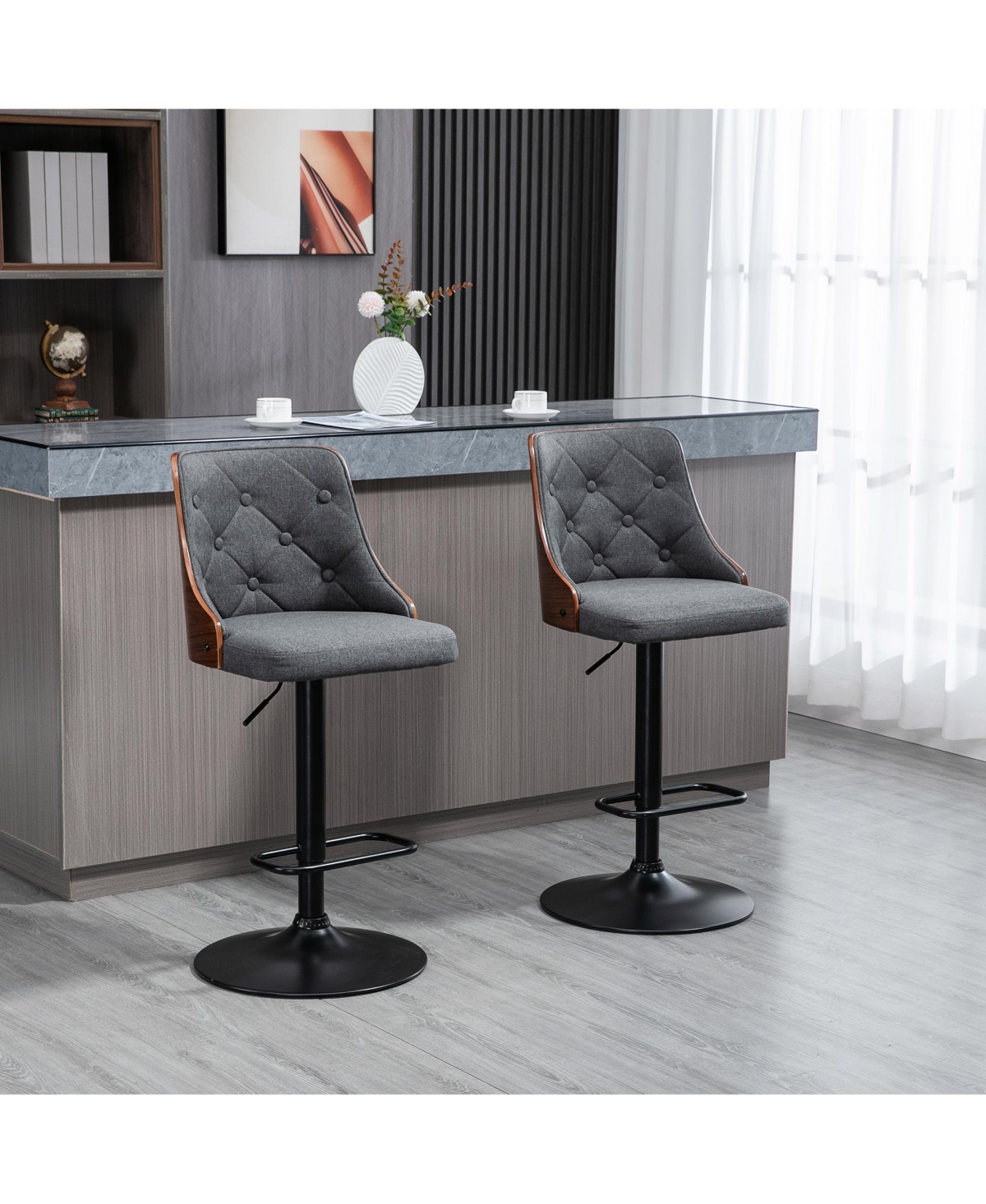 Streamdale Furniture Counter Height Bar Stools Set of 2, Height Adjustable Swivel Barstools with Footrest and Tufted Back, Linen Fabric Bar Chairs, Da