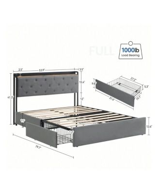Upholstered Bed Frame With Charging Station Headboard & 4 Storage Drawers, Platform Bed Frame Mattress Foundation With Wooden Slats Support, No Box Spring Needed