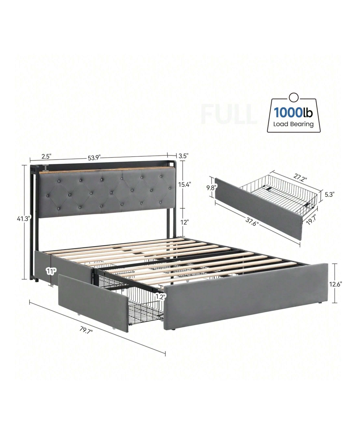 gaomon Upholstered Bed Frame With Charging Station Headboard & 4 Storage Drawers, Platform Bed Frame Mattress Foundation With Wooden Slats Support, No
