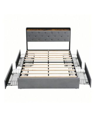 Upholstered Bed Frame With Charging Station Headboard & 4 Storage Drawers, Platform Bed Frame Mattress Foundation With Wooden Slats Support, No Box Spring Needed
