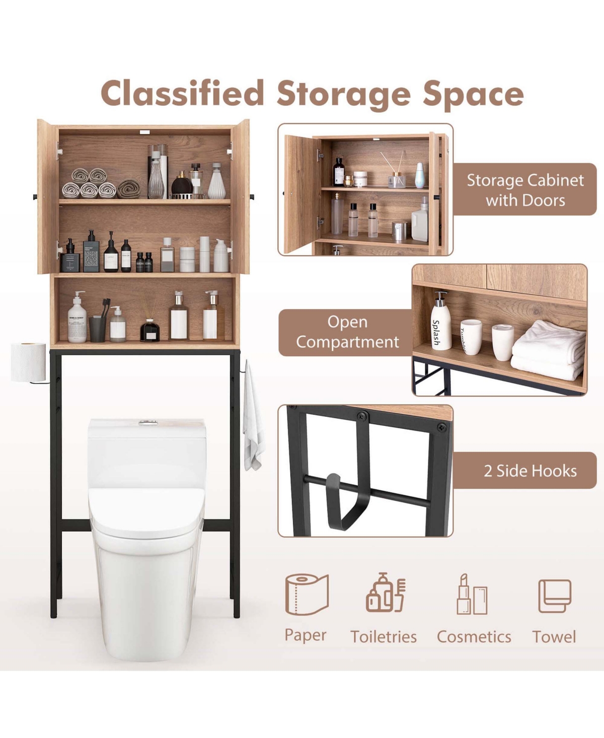 Costway Over The Toilet Storage Cabinet Free Standing Toilet Rack with Adjustable Shelf