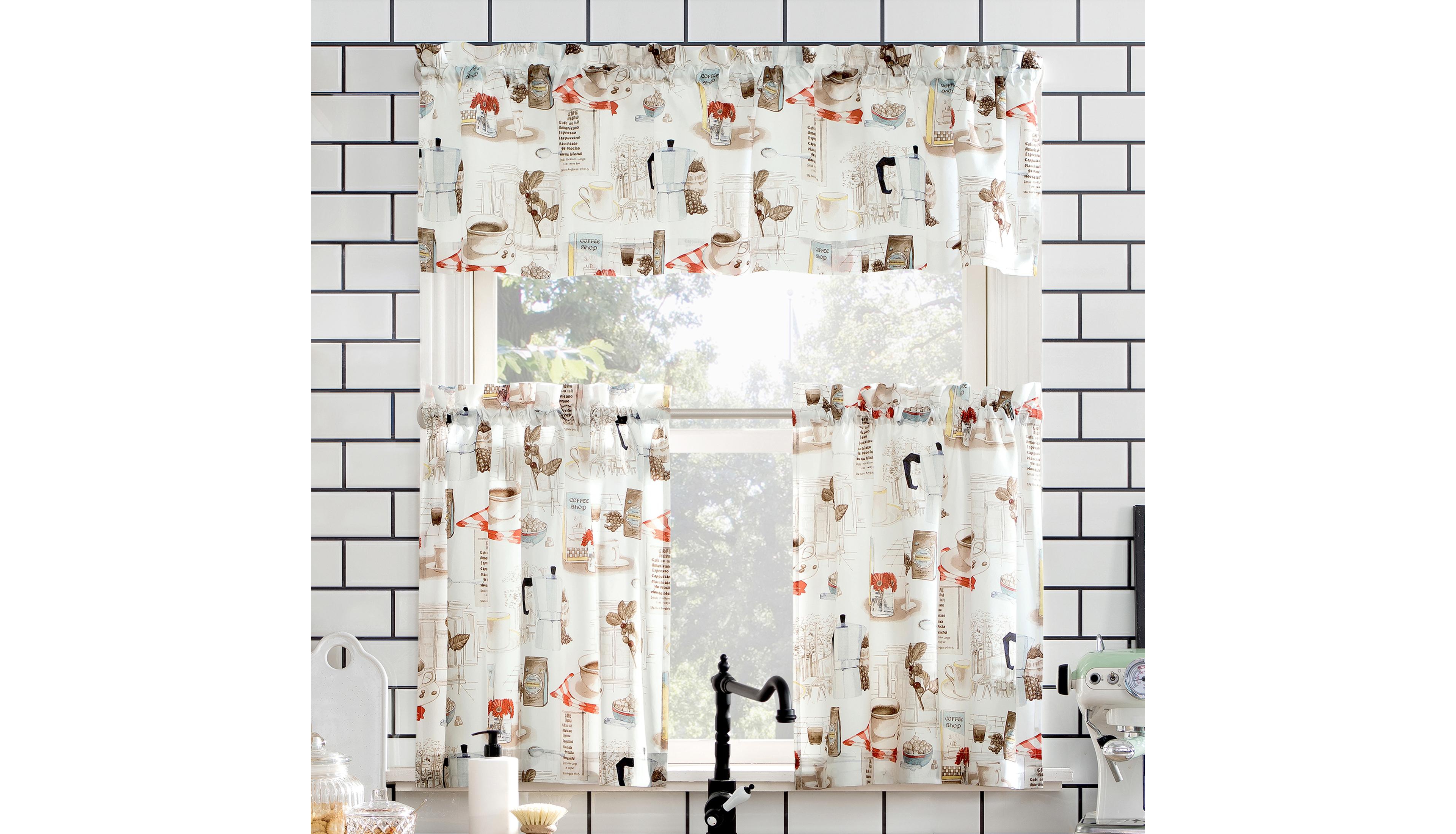 Brew Coffee Shop Semi-Sheer Rod Pocket Kitchen Curtain Valance and Tiers Set