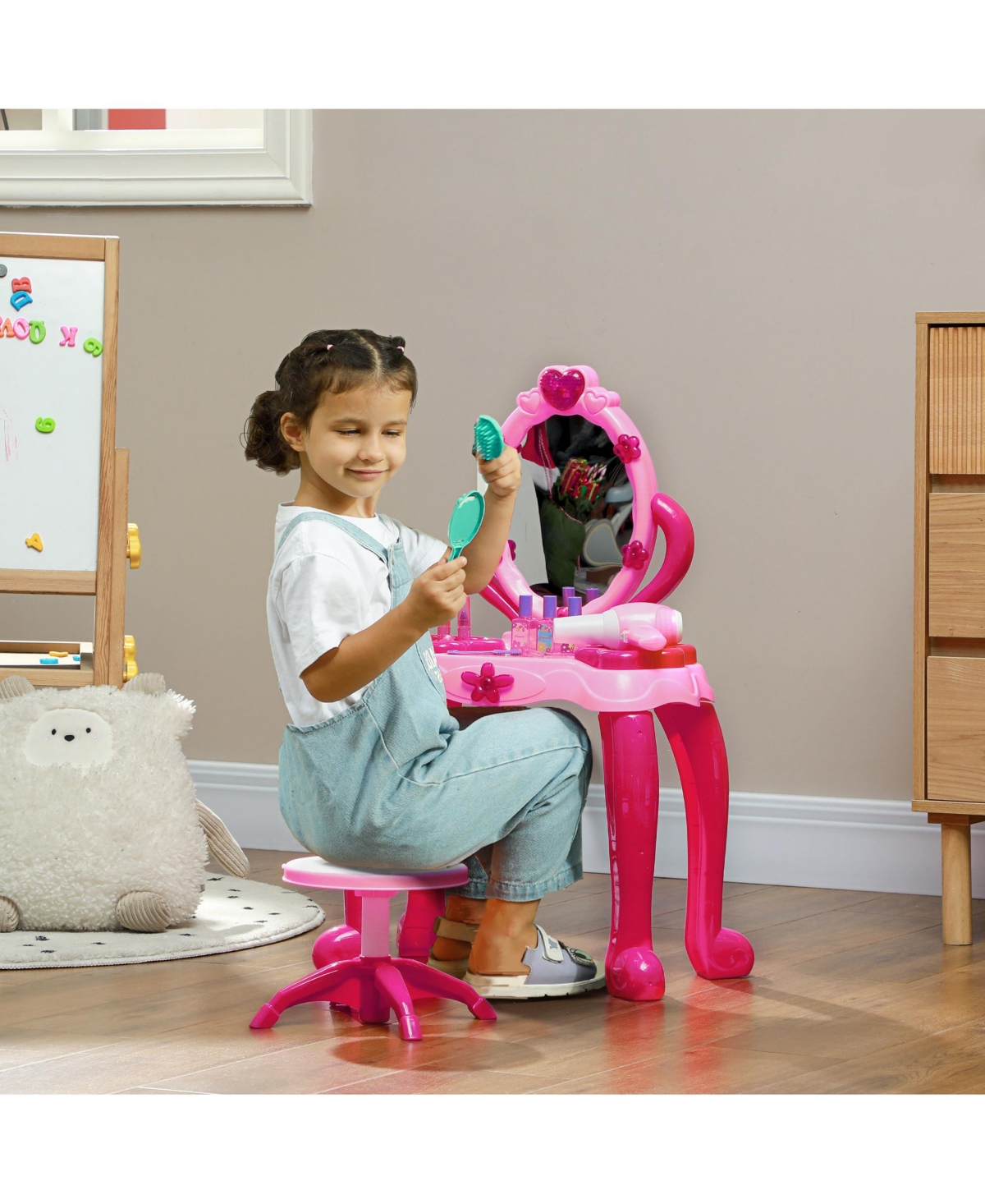 Qaba Kids Vanity Set with Mirror and Stool, Light and Sound, 15 Accessories