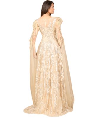 Women's V - Neck Gown with Long Cape Sleeves