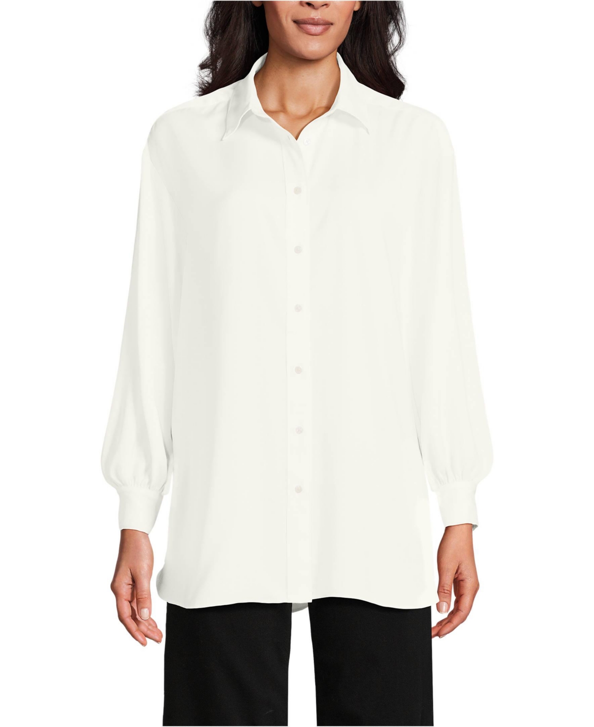 Women's Long Sleeve Oversized Satin Buttondown Tunic - Eggshell white