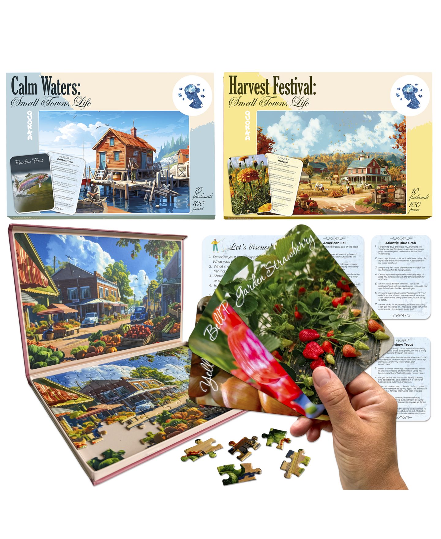 Детские игрушки Quokka Travel Memories Large-Piece 3 Jigsaw Puzzles and Memory Flashcards, 100-Piece Set, Ages 15+, цвет: Little Towns — фото 1