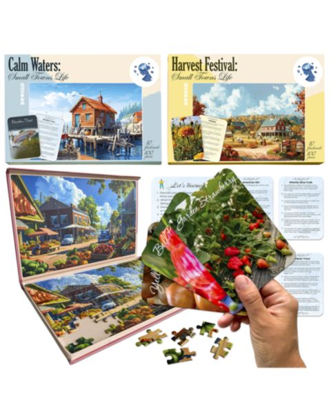 Детские игрушки Quokka Travel Memories Large-Piece 3 Jigsaw Puzzles and Memory Flashcards, 100-Piece Set, Ages 15+, цвет: Little Towns
