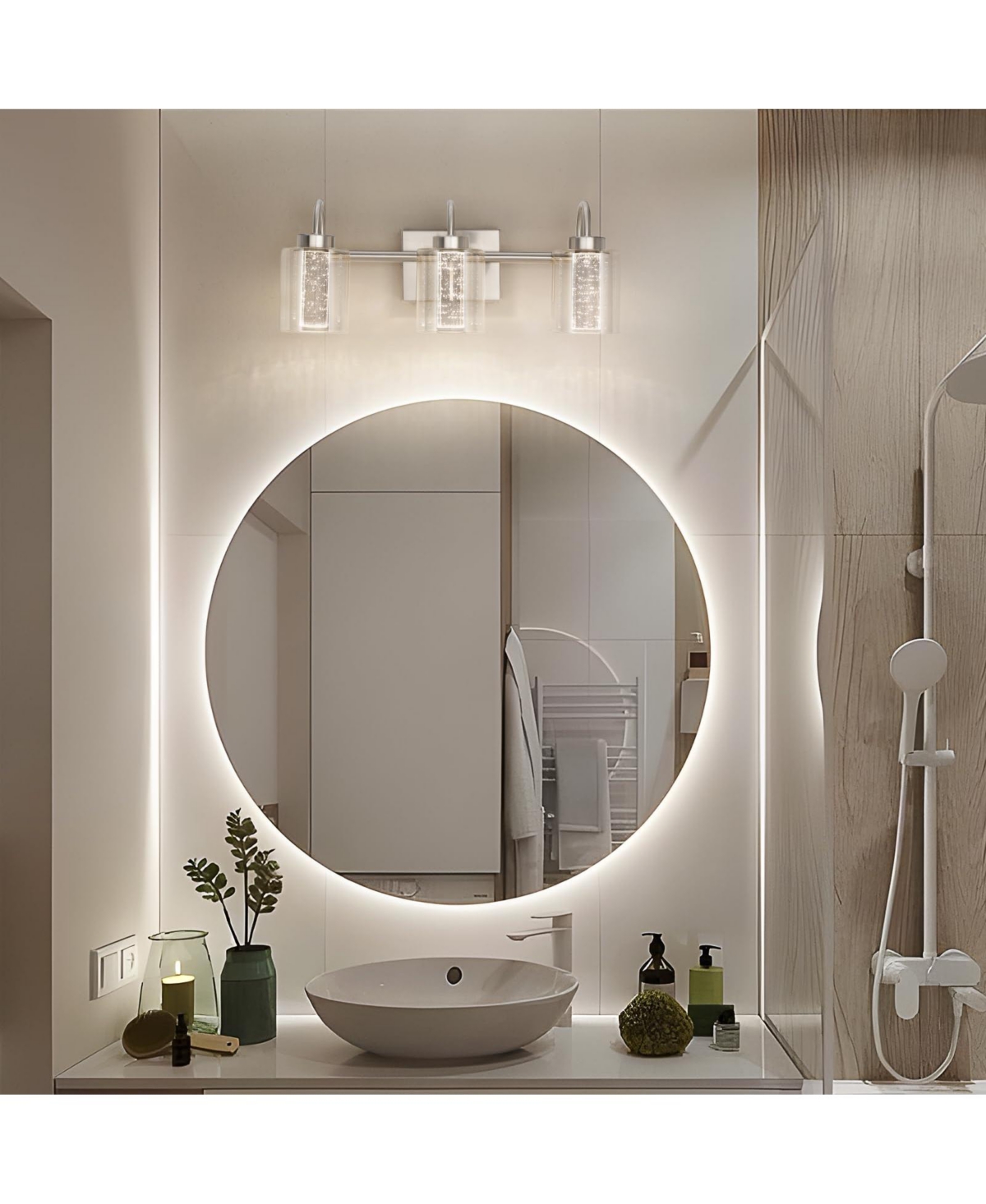 gaomon 3 Light Brushed Nickel Bathroom Light Fixtures, Vanity Lights Crystal Bubble Glass Dimmable 3 Color