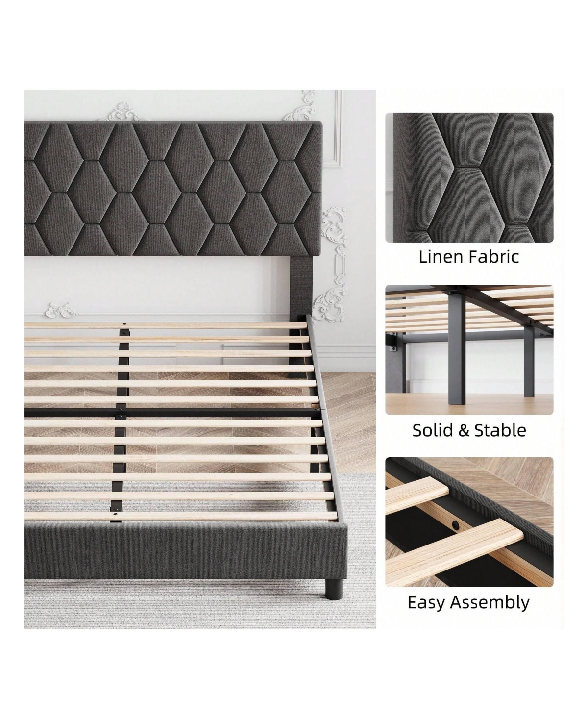 gaomon Bed Frame With Headboard Upholstered Bed Frame, Heavy-Duty Platform Bed Frame With Strong Wood Slats