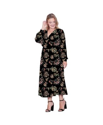 Plus Size Floral-Print Long Sleeve Maxi Wrap Dress