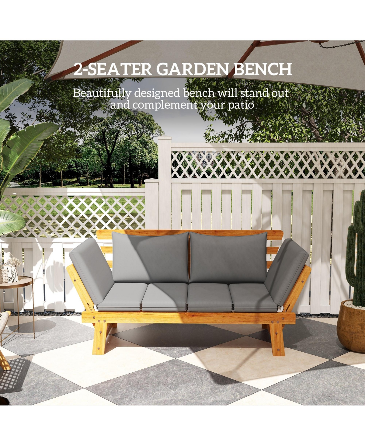 Outsunny Wooden Garden Bench for Outdoor w/ Cushions, Patio Loveseat,- Gray