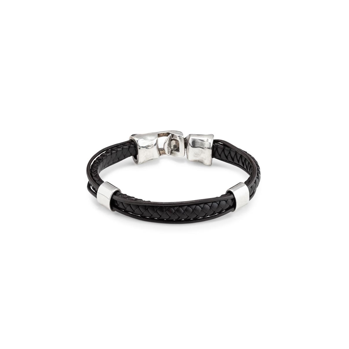 Unode50 Sterling Silver Leather Braided Metal Bracelet In Black