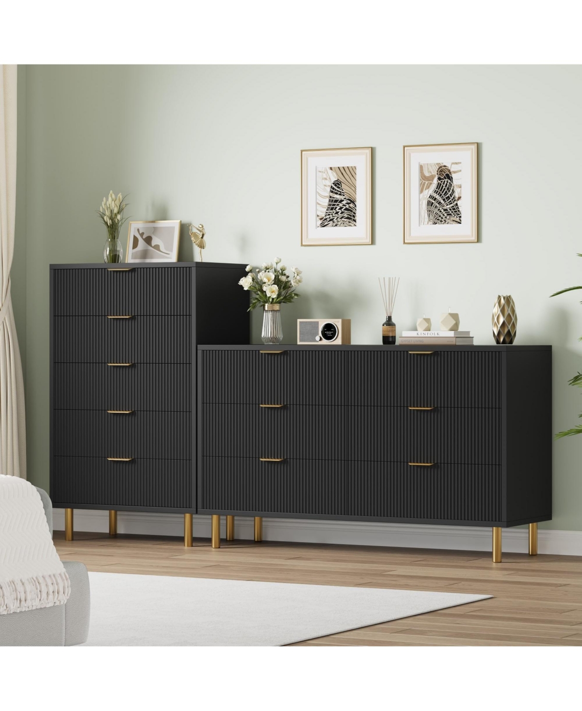 gaomon6 Drawer Dresser for Bedroom, 56” Wide Wood Dresser Organizer with Metal Legs - Black