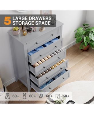 5-Drawer Wood Deep Storage Modern Nightstand with Round Handle